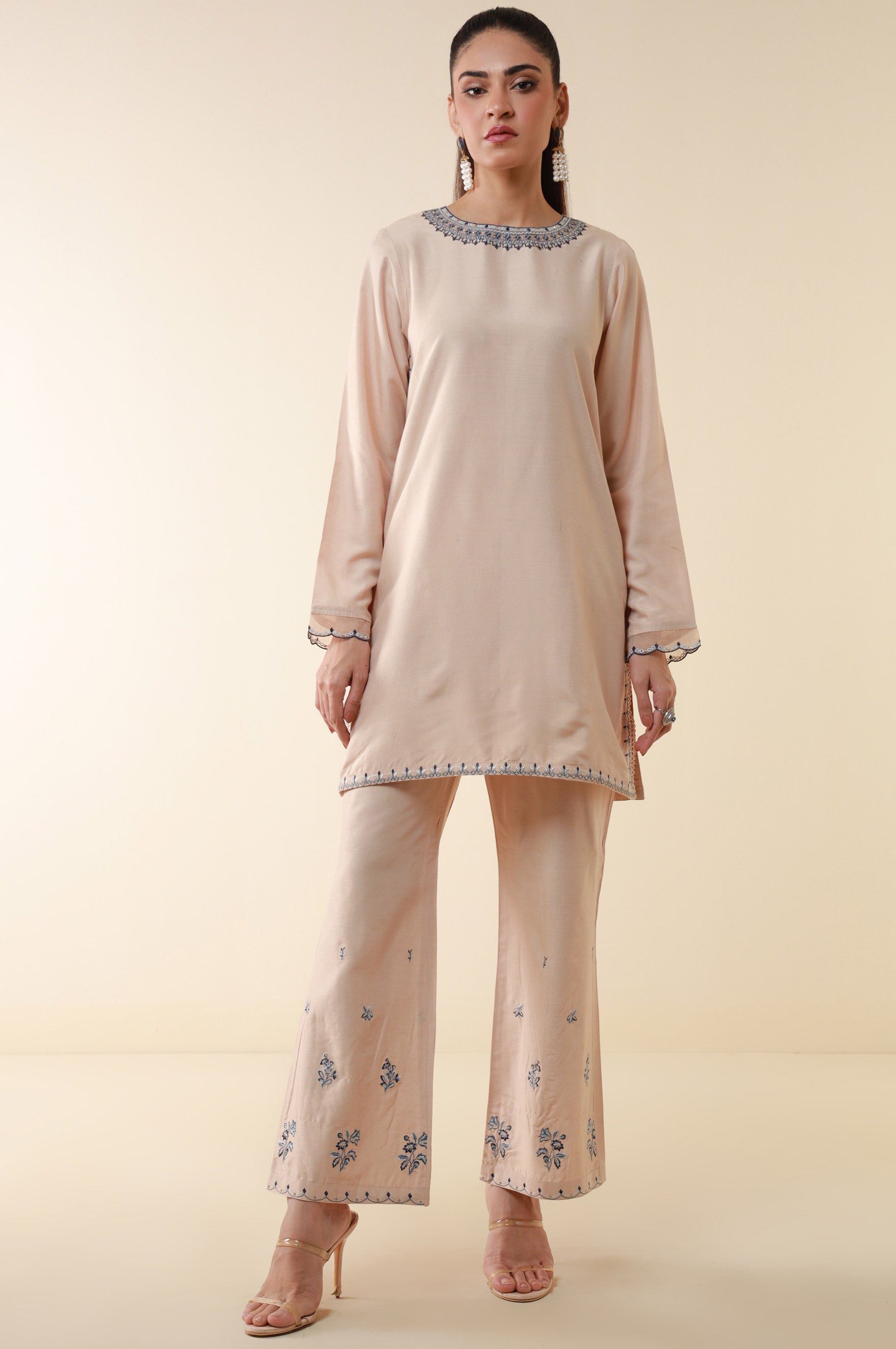 Stitched 2 Piece Embroidered Cotton Silk Suit